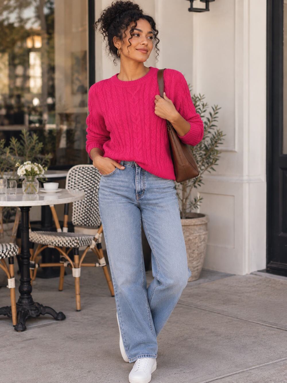 LAUREN RALPH LAUREN Fuchsia Pink Cotton Cable Knit Preppy Sweater Size Medium
